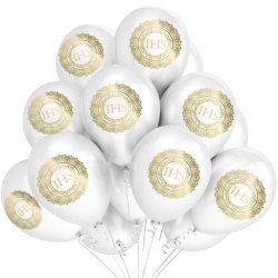 Balony komunijne na komunię z nadrukiem I Komunia Święta Hostia 10 szt. biało - złote